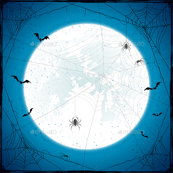 Halloween Grunge Background with Moon and Spiders