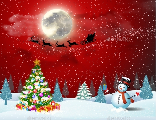 Cute Snowman On The Background Of Night Sky