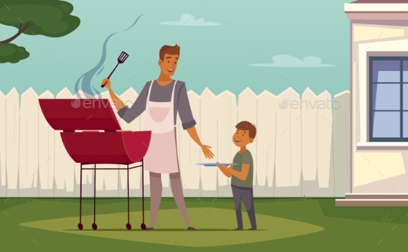 Picnic Barbecue Father Son Cartoon Poster
