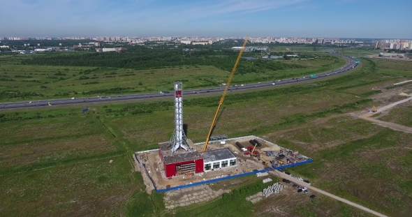 Construction Site Of Gas Power Plant Aerial Flying Forward