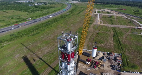 Chimney Pipe Construction Aerial,workers On The Top