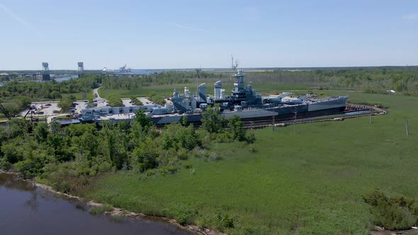 Aerial shot of the USS North Carolina battleship in Wilmington NC