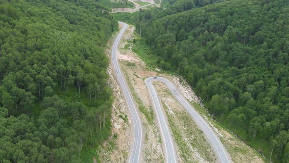 Aerial  Drone Video of Top Vew of Winding Road in the Mountains