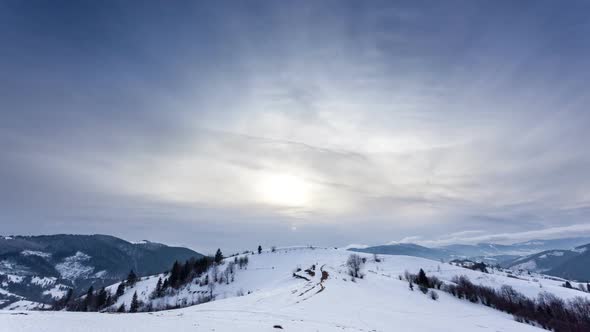 Mountain Peak with Snow Blow By Wind. Winter Landscape. Cold Day, with Snow