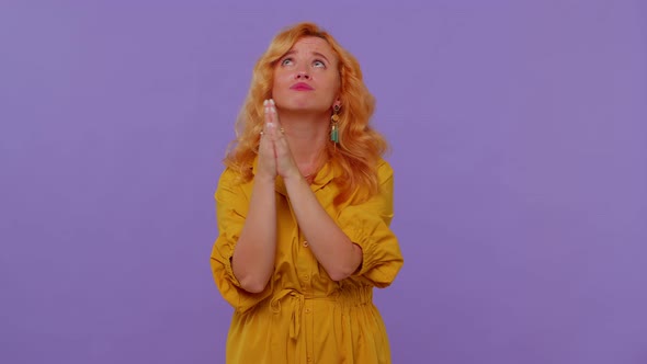 Redhead Stylish Girl Praying Looking Upward and Making Wish Asking God for Help Begging Apology