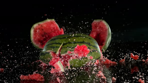 Super Slow Motion Shot of Falling and Cracking Whole Water Melon at 1000 Fps