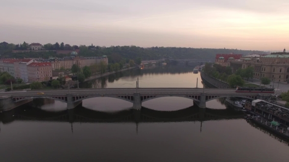 Flying Over Manes Bridge Across Vltava River In Prague