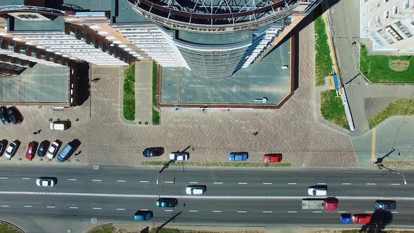 Aerial view of modern city. Modern urban city with freeway traffic