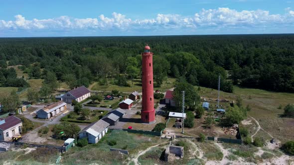 Aerial Dron Shot Akmenrags Lighthouse on the Latvian Coast of the Baltic Sea