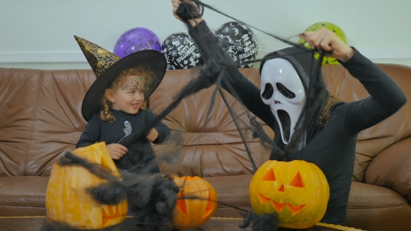Woman In Scary Mask Fool With Girl On Helloween