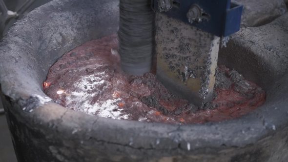 Pouring Of Liquid Metal In Open Hearth Workshop, Melted Aluminum