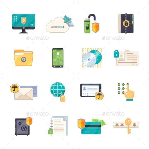 Data Protection Symbols Flat Icons Set