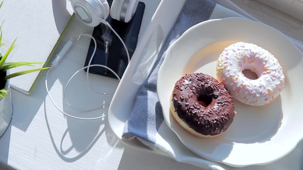 Breakfast On The Windowsill: Donuts And Coffee With Marshmallow