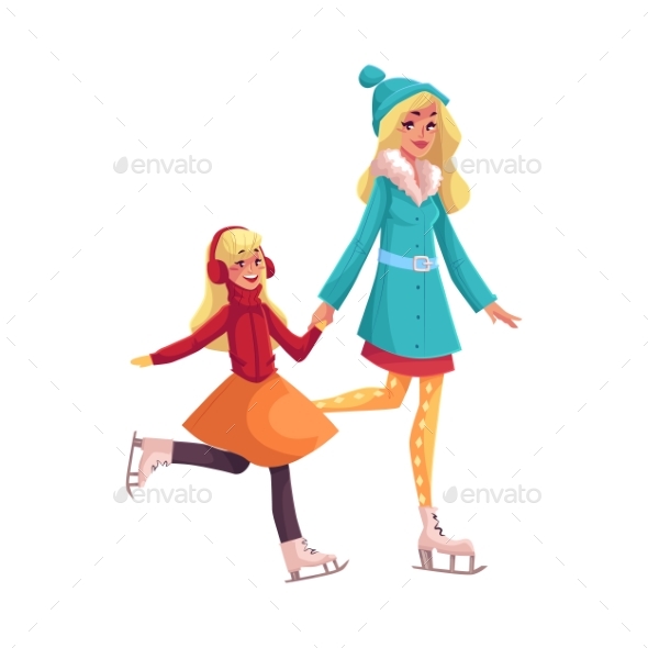 Happy Mother And Daughter Ice Skating Together
