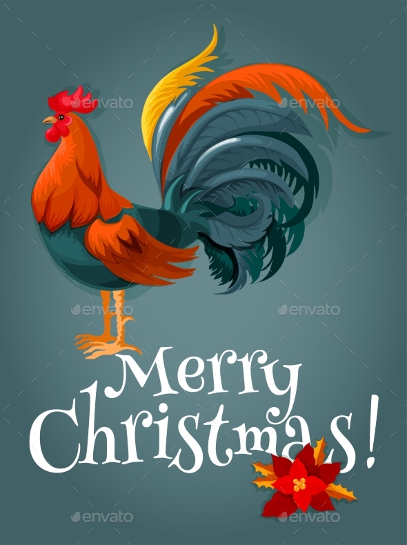 Christmas And New Year Card With Fire Red Rooster