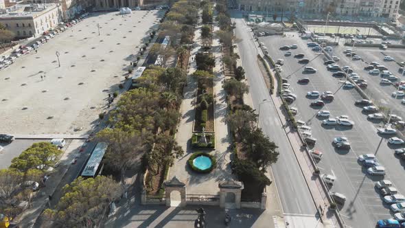 Aerial tilt up view of The Mall and St. Publius' Square, Valletta,  Malta.