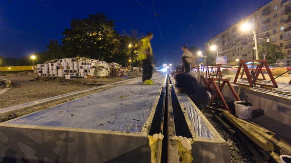 Tram Rails at the Stage of Their Installation and Integration Into Concrete Plates on the Road
