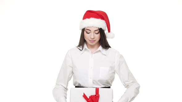 Slow Motion Happy Young Business Woman Giving Parcel Christmas Box To Camera.