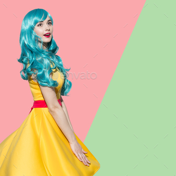 Bright Yellow Dress.  Green-Rose Background. Space For Text.