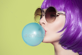 Blue Bubble Chewing Gum. Olive Background.