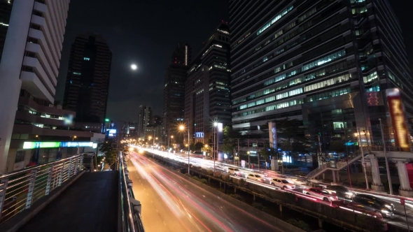 Busy Car Traffic In Night Bangkok, Thailand