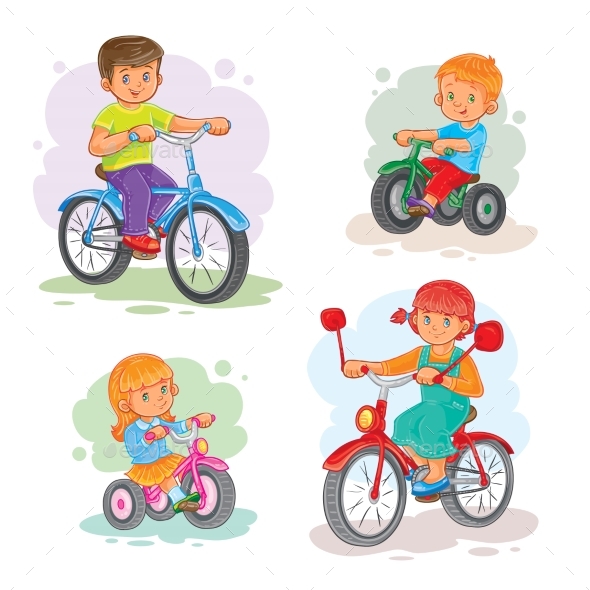 Set Of Vector Icons Small Children On Bicycles