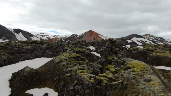 Flying over Laugahraun lava field in Landmannalaugar region of Iceland