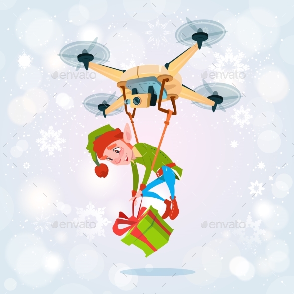 Drone Green Elf Delivery Present, Happy New Year