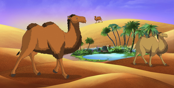 Camels in a Desert Oasis