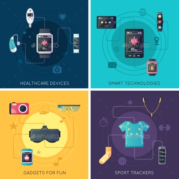 Wearable Technology 4 Flat Icons Square