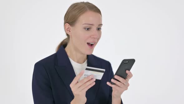 Young Businesswoman with Successful Online Shopping on Smartphone on White Background