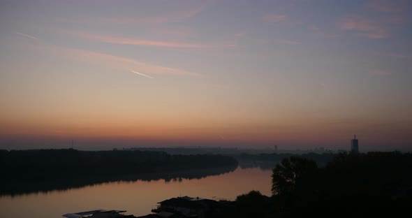 Wide View Sunrise Timelape on Danube River in Belgrade Serbia 