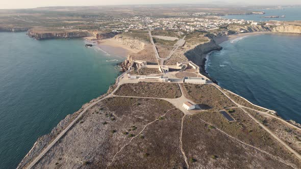 Sagres Fortress, aerial pullback Cape Sagres, Algarve, Portugal. Aerial view