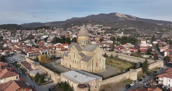 Aerial view of Orthodox Svetitskhoveli Cathedral in Mtskheta, Georgia