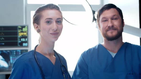 Professional medical doctors working in emergency medicine. Portrait of surgeon and the nurse.