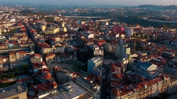 Rear Up Flight Over Porto City. Aerial Top View