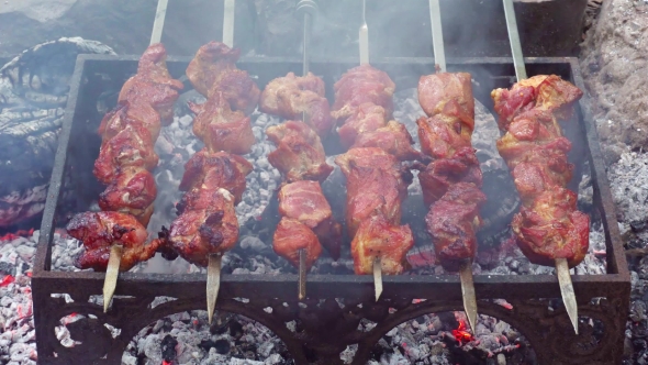 Grilling Barbecue Meat On Wood Coal. Man Turns Skewers.