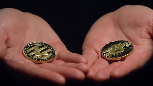 Closeup Camera Shows Palms with Bitcoin and Litecoin Models