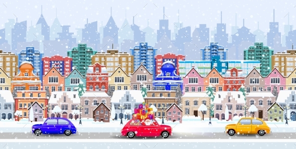 Panorama. Seamless Border With a Winter Cityscape