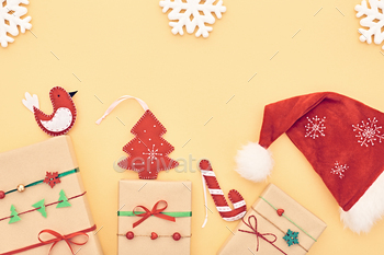 de, Christmas holiday Santa hat, Snowflakes. New Year 2017. XMAS Design Present Ornament.Festive Art christmas Greeting Card, wrap gifts.Retro Vintage