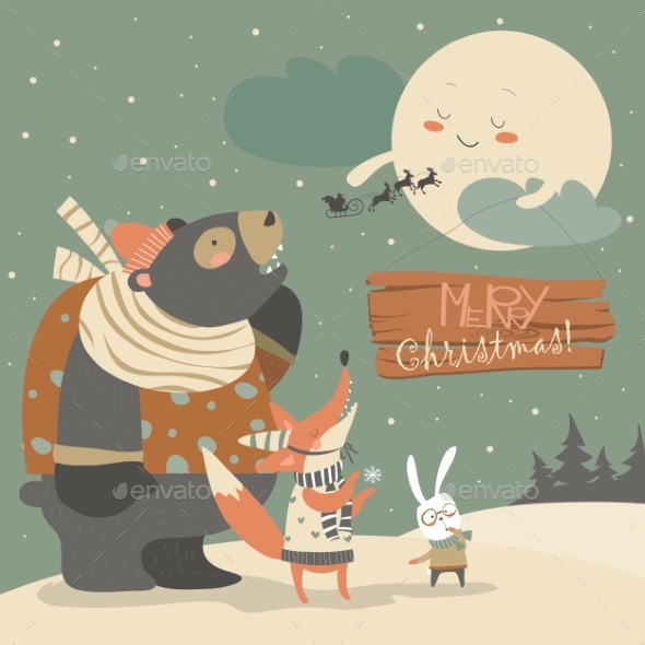Bear,rabbit And Fox Watching The Moon