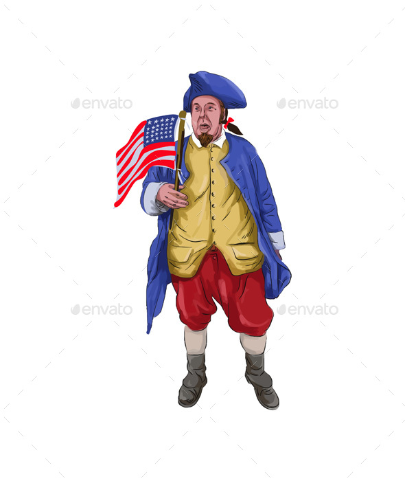 American Patriot Shouting Holding Flag Watercolor