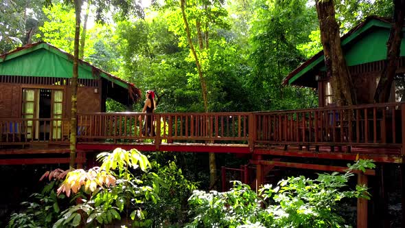 Cute Asian Girl Walking on a Bridge in a Treehouse Thailand  Drone Shot