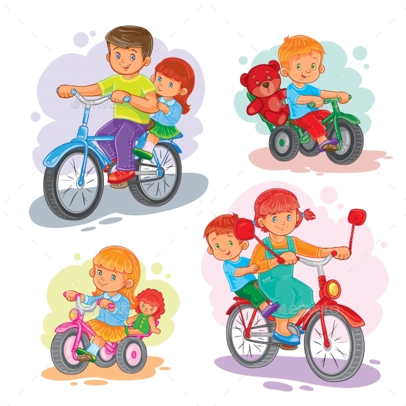 Set of Vector Icons Small Children on Bicycles