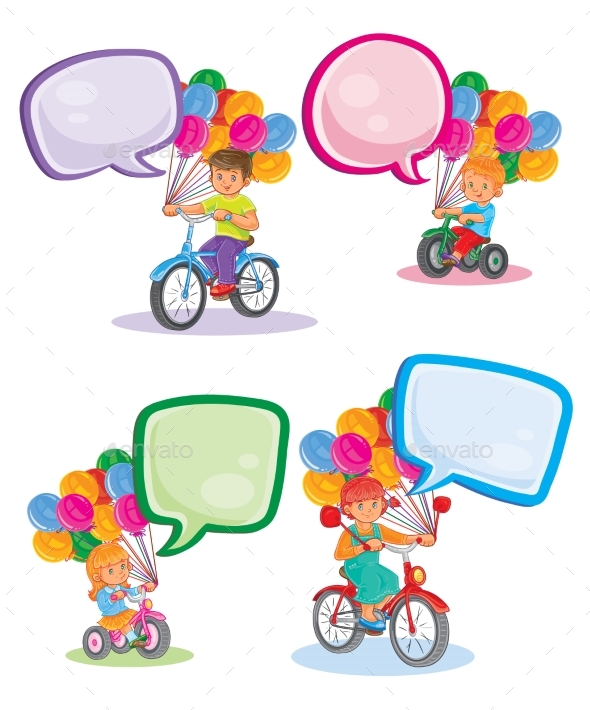 Set Icons Small Children On Bicycles
