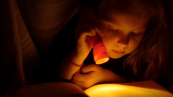 Girl Reading Under The Covers With Flashlight. Child Reading In Bed.