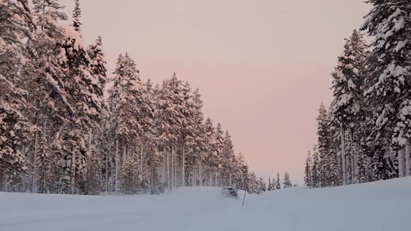 Sunset Light on the Winter Forest Road and Car