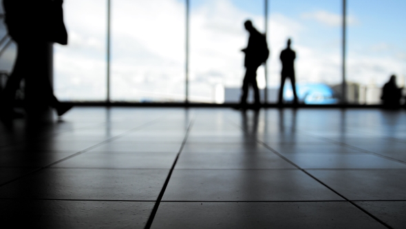 Passengers Follow To Boarding With Baggage In Front Of Window In Airport, Silhouette