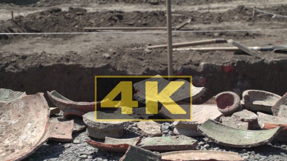 Ancient Shards Of Bowls. Concept Ages And Time. Dolly Right Left  Long alt