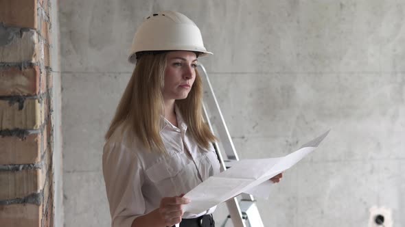 Girl engineer builder checks design drawings at a construction site.